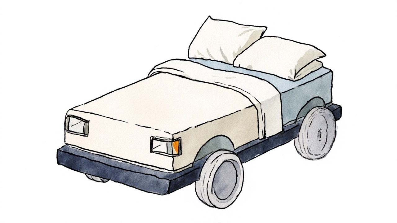 A conceptual bed-as-car illustration with bedding components labeled as car parts in watercolor style.