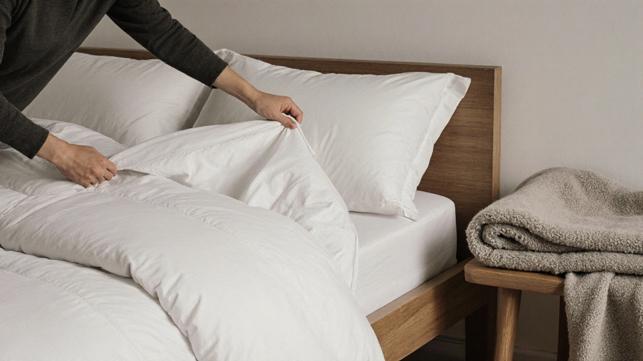 A hand pulling a duvet cover off a bed, revealing the fitted sheet underneath with a blanket on a nearby bench.