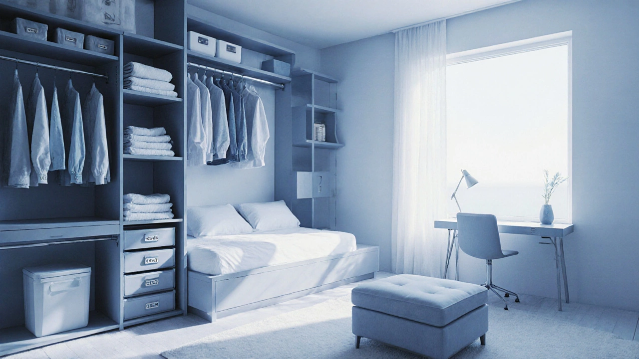 Bright bedroom with floor‑to‑ceiling shelves, draw‑bed, and hidden‑compartment ottoman.