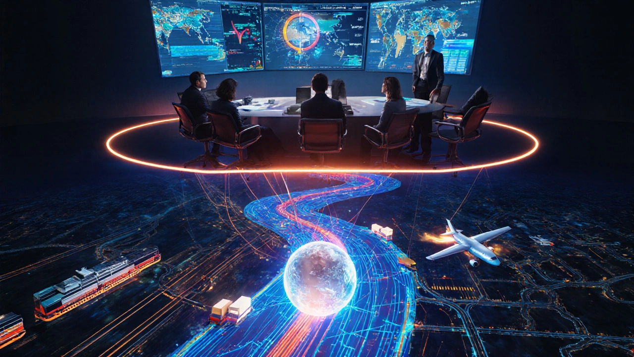 Conceptual painting of strategic planning feeding into logistics and returning consumer feedback.