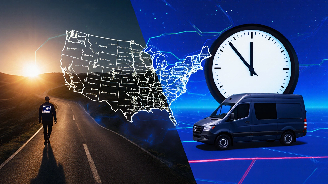 Contrast of USPS universal reach with private courier’s precise time‑slot delivery.