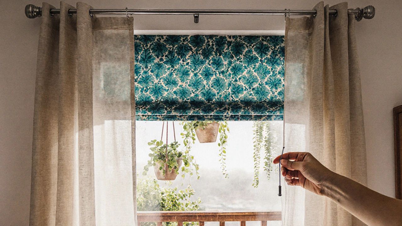 Cozy room with layered sheer and patterned curtains, plants, and manual cord.