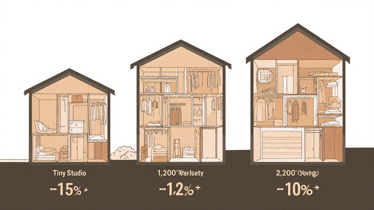 Cross‑section illustration of three homes showing storage spaces and ratios.