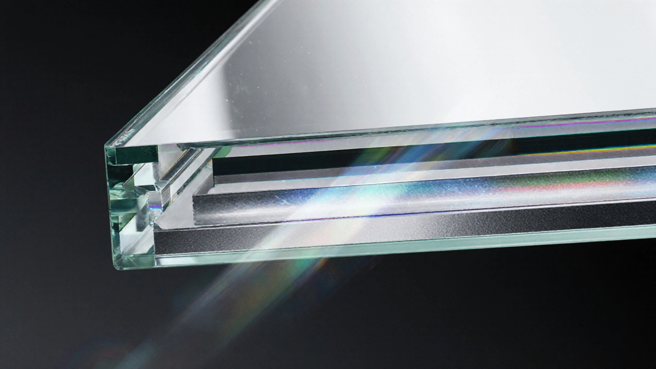 Cross‑section view of a mirror showing glass, metal silvering and protective coating layers.