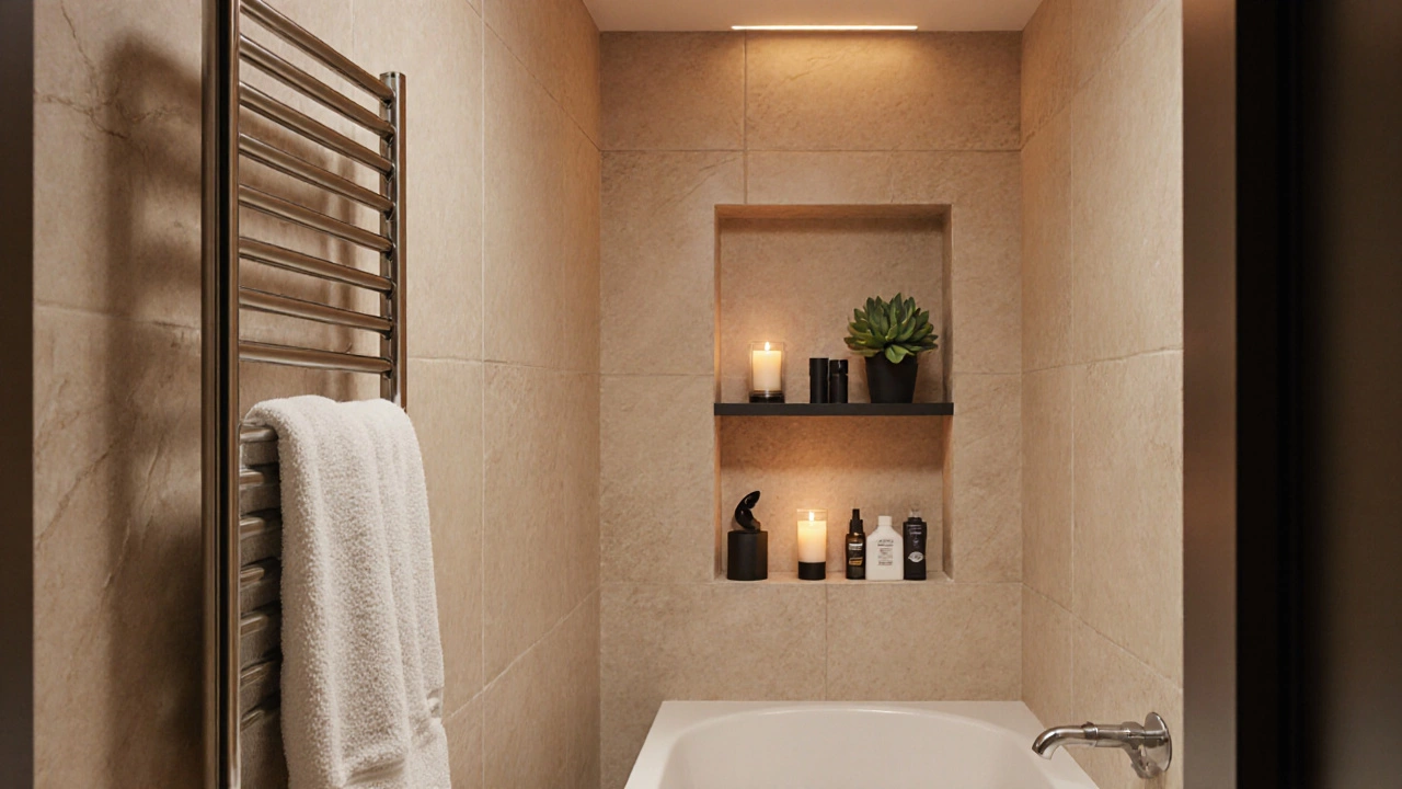 Elegant bathroom details: heated towel rack, niche shelf, plant and candle creating a spa‑like ambience.