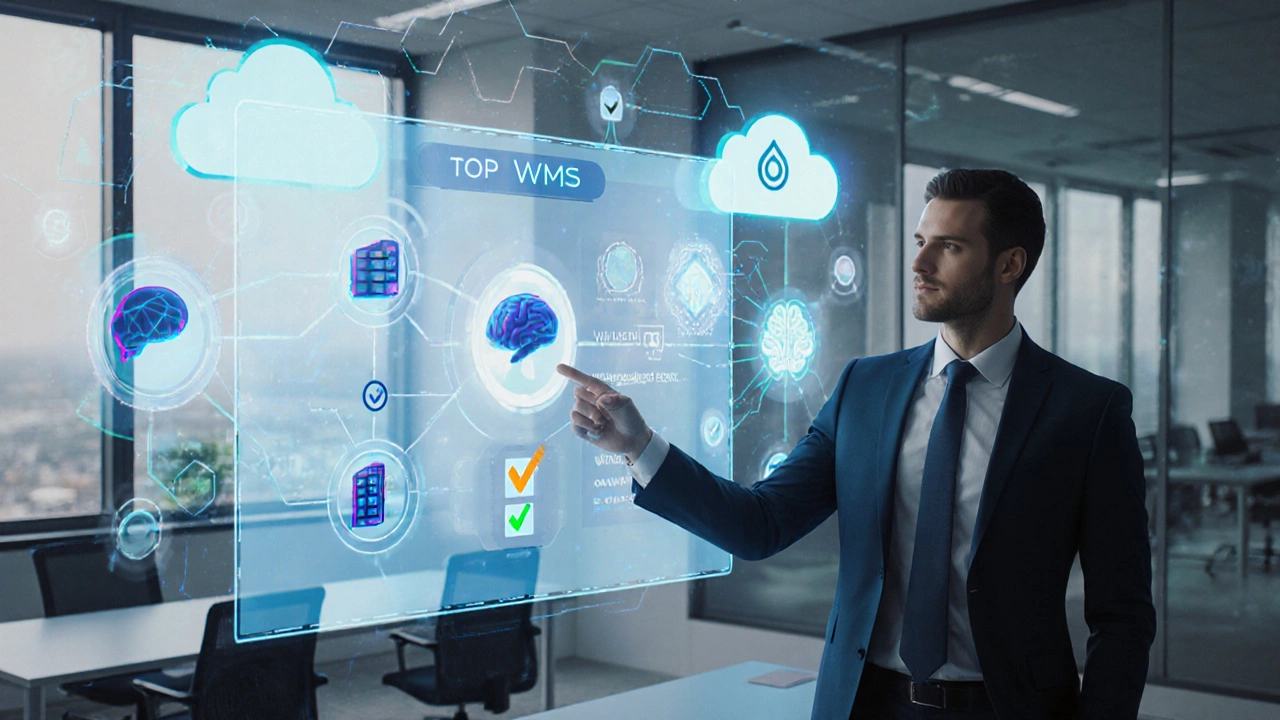 Executive viewing a holographic UI with icons for cloud, on‑prem, AI, and top WMS options.