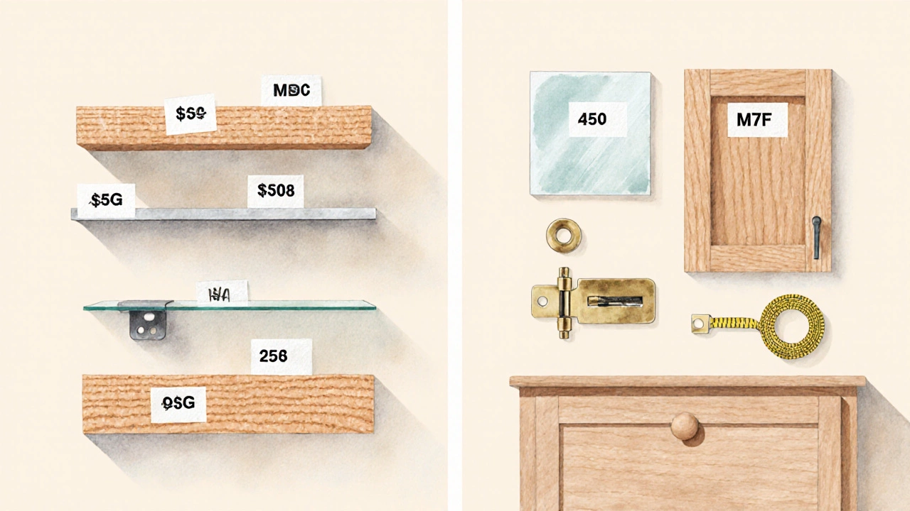 Flat‑lay of materials and hardware for shelves on left, cabinets on right, with price stickers.