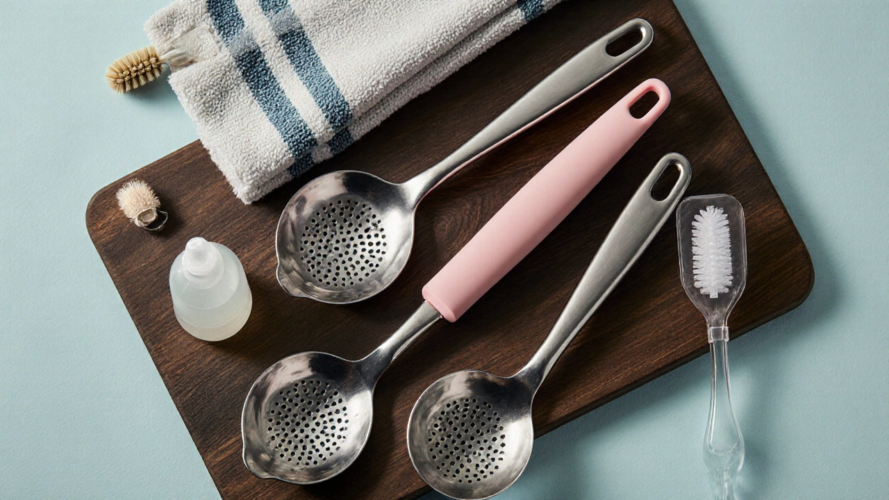 Flat‑lay of three perforated ladles (steel, silicone‑coated, plastic) with cleaning tools on a wooden board.