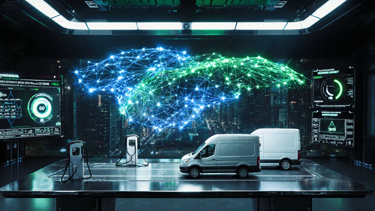 Futuristic control room showing a holographic supply‑chain twin and electric vans.