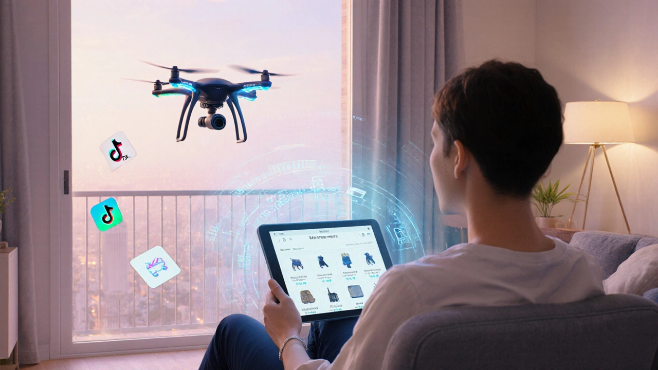 Futuristic home scene where an AI hologram suggests products while an electric drone delivers a package, with social media elements nearby.