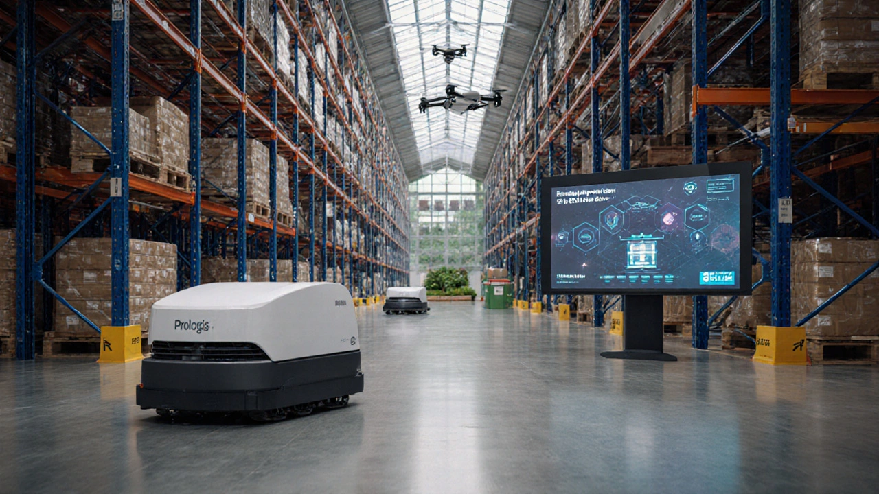 High‑tech warehouse interior with robots, AI screens, and solar‑roofed ceiling.