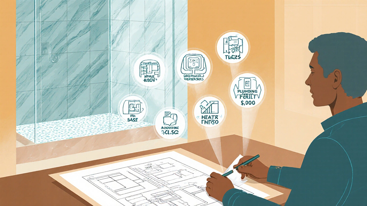 Homeowner reviewing shower plans with floating cost icons and a vision of a finished spa‑like walk‑in shower.
