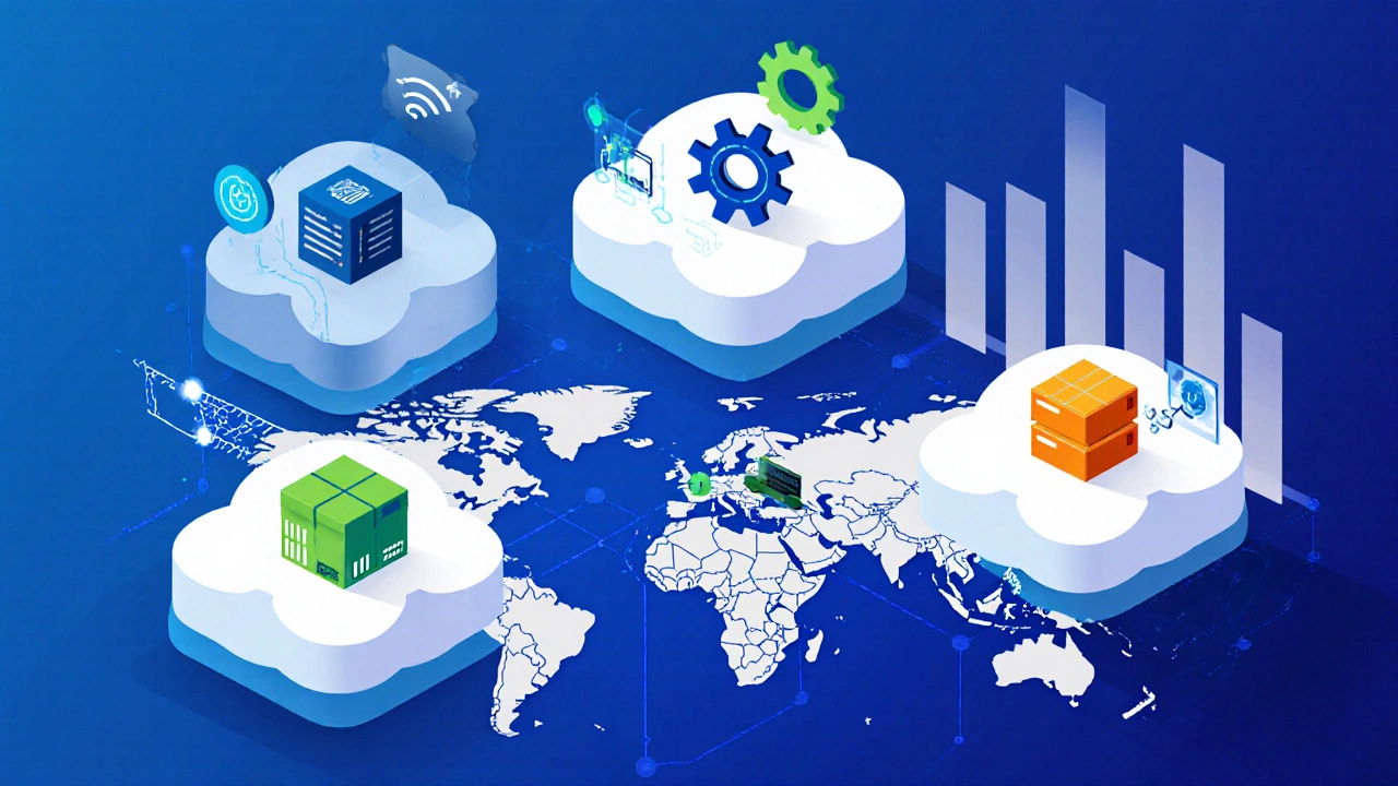 Isometric illustration of five colored cloud platforms with bars showing market share over a world map.
