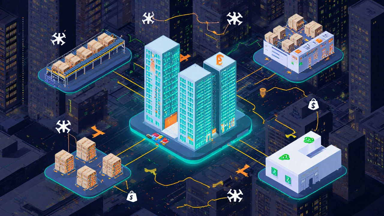 Isometric illustration of global e‑commerce logistics linking Amazon, Alibaba, Walmart, and Shopify with glowing network lines.