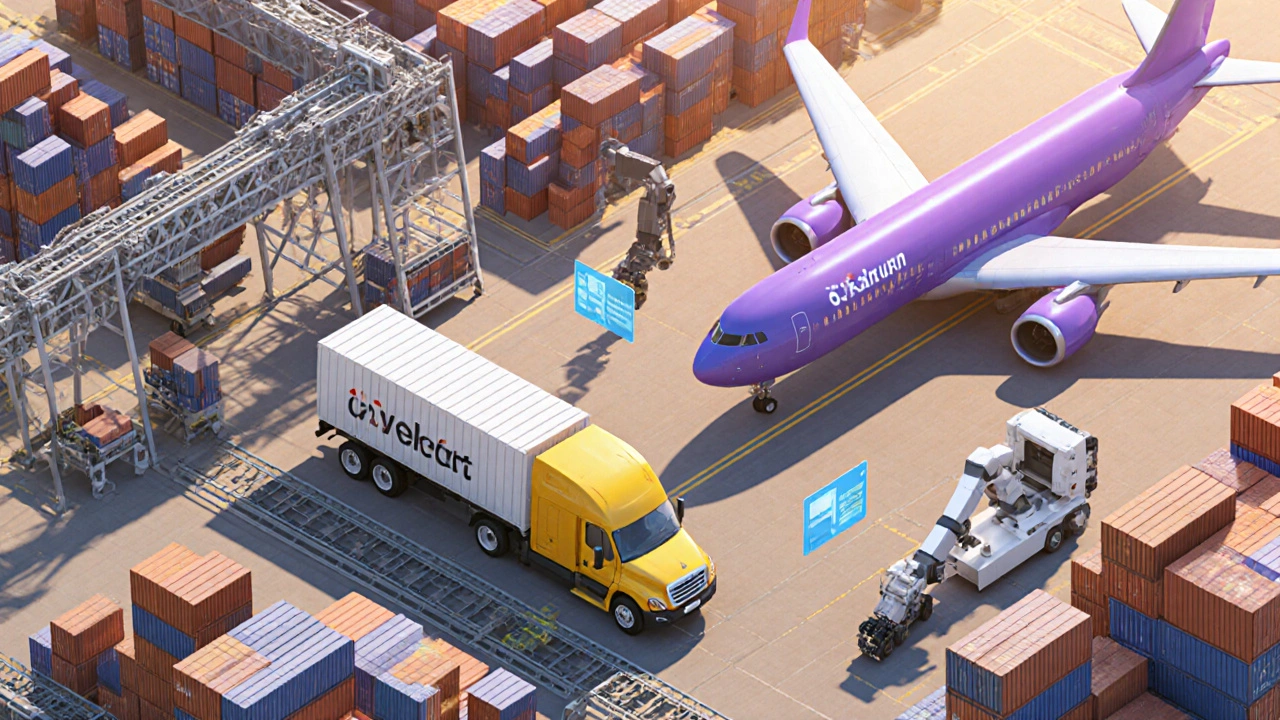 Isometric scene of a busy logistics hub with colored delivery vehicles and containers.