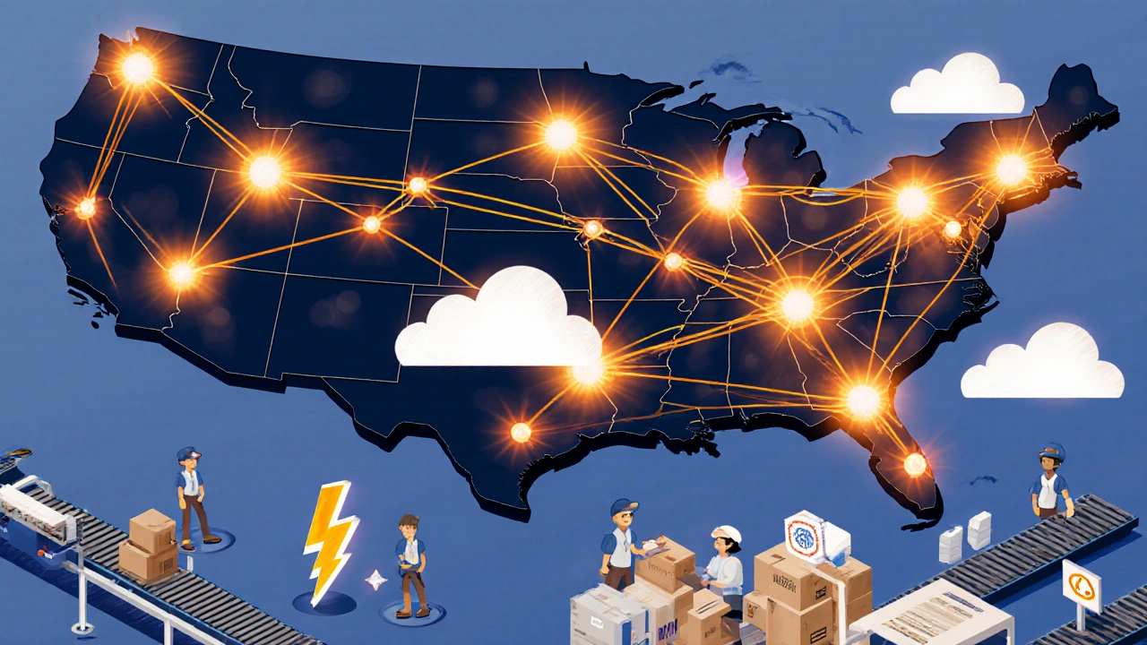 Isometric US map with courier hubs, routes, weather clouds, and customs checkpoint icons.