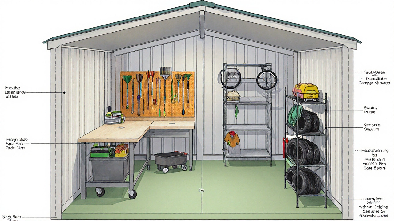 Isometric view of a shed divided into garden, work, and seasonal zones.