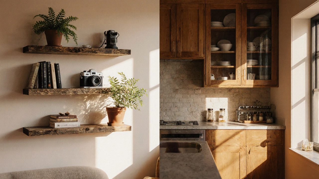 Living room with floating shelves contrasted with kitchen cabinets, lit by warm sunlight.