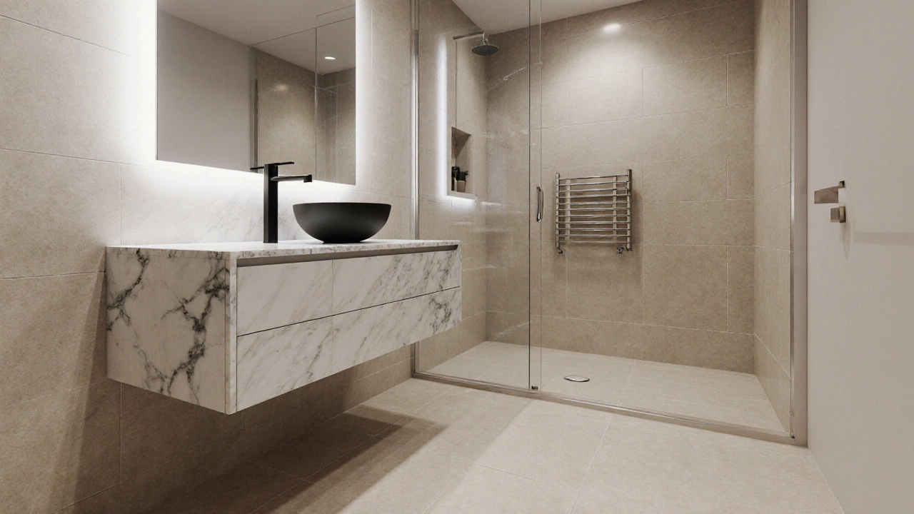 Luxury small bathroom featuring a floating vanity, wall‑mounted faucet, large matte tiles, LED mirror and glass shower.