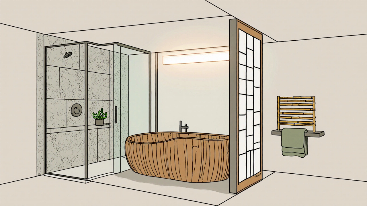 Minimalist illustration showing a Hinoki tub, shoji screen, stone walls, bamboo rack, and plant.