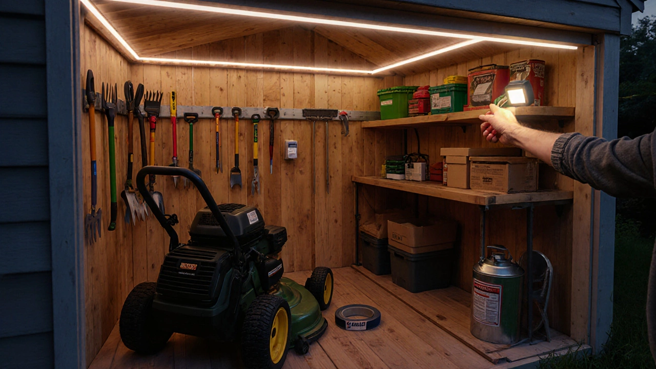 Organized shed at dusk with LED lighting, tools, and safety features.