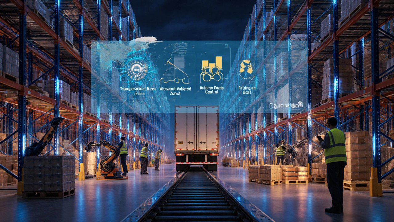 Photorealistic warehouse with robots, workers, and a loading dock labeled logistics functions.