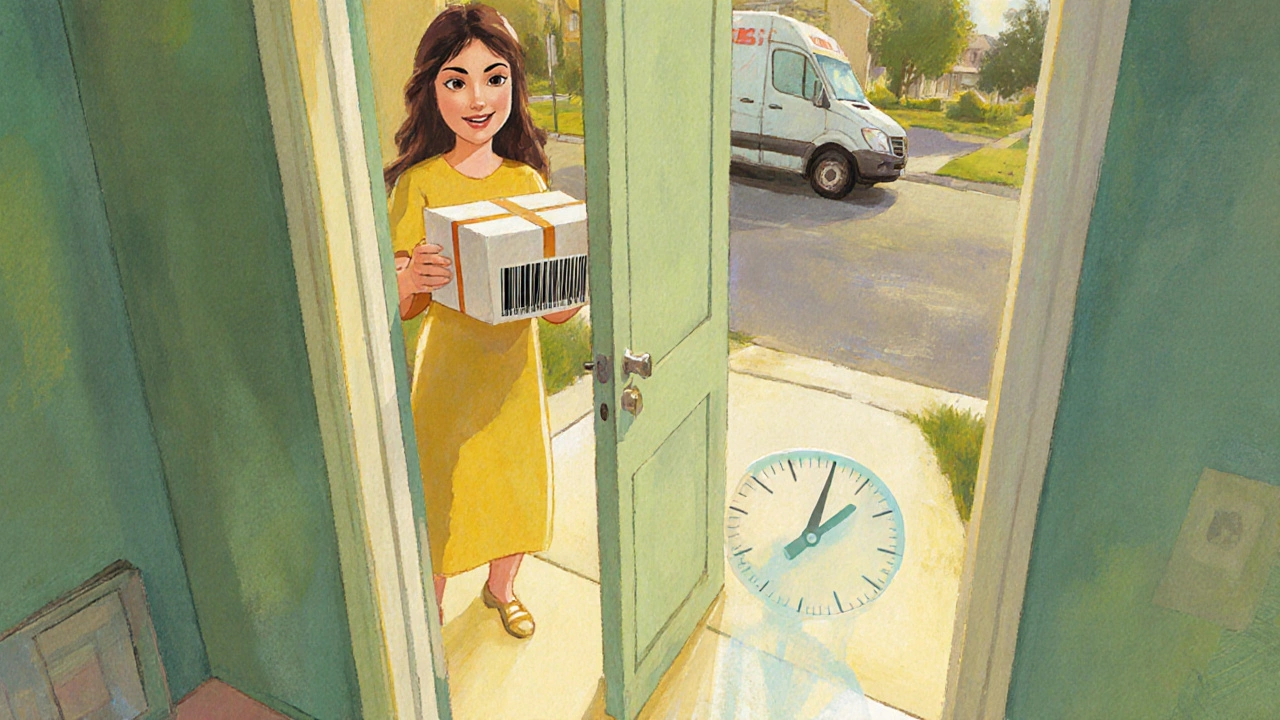 Recipient receiving a parcel on doorstep, warm light, subtle clock showing next‑day deadline.