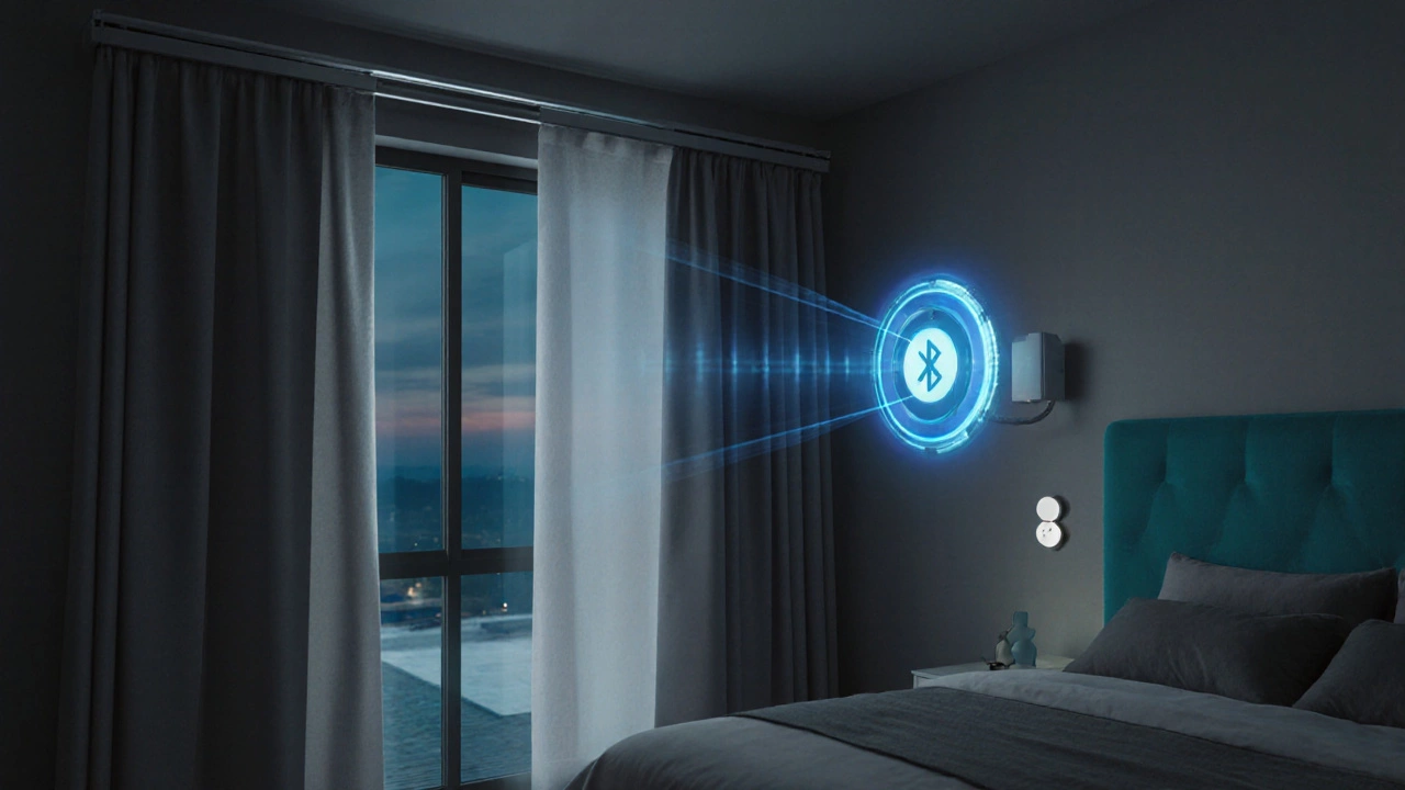 Smart home bedroom with motorized curtains gliding on a sleek track.