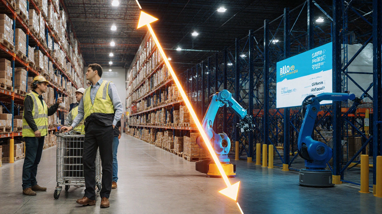 Split image showing warehouse supervisor in rural vs. high-tech urban facilities, symbolizing career growth.