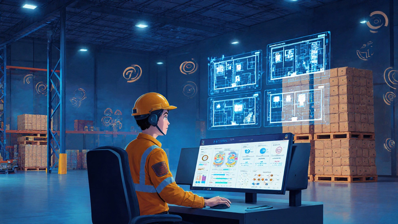 Supervisor monitoring digital dashboard with holographic warehouse data in a high-tech logistics hub.