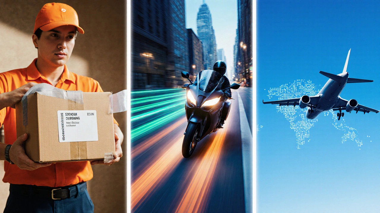 Three‑panel illustration: sealing a box, motorbike delivering locally, cargo plane flying internationally.