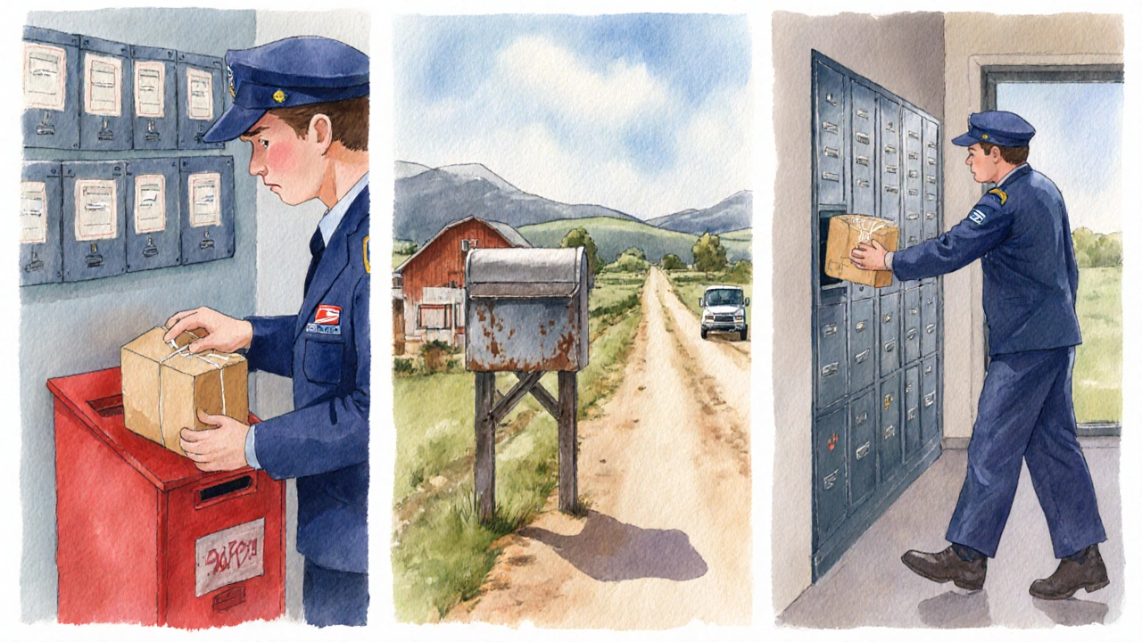Three scenes showing USPS deliveries to a PO Box, rural mailbox, and apartment mailroom.