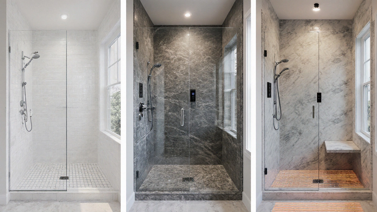 Three side‑by‑side bathroom showers representing budget, mid‑range and luxury installations.