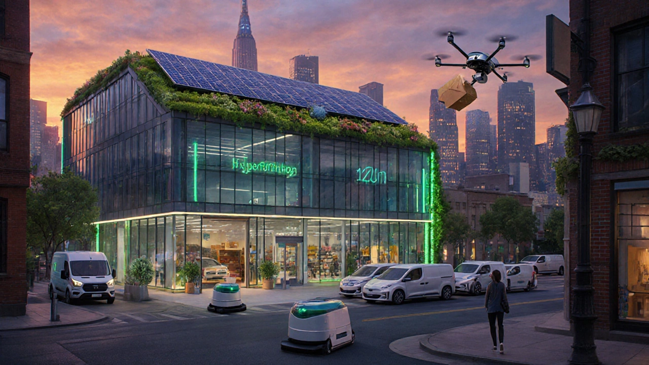 Urban micro‑fulfillment center with green rooftop, delivery robots, and drones at sunset.