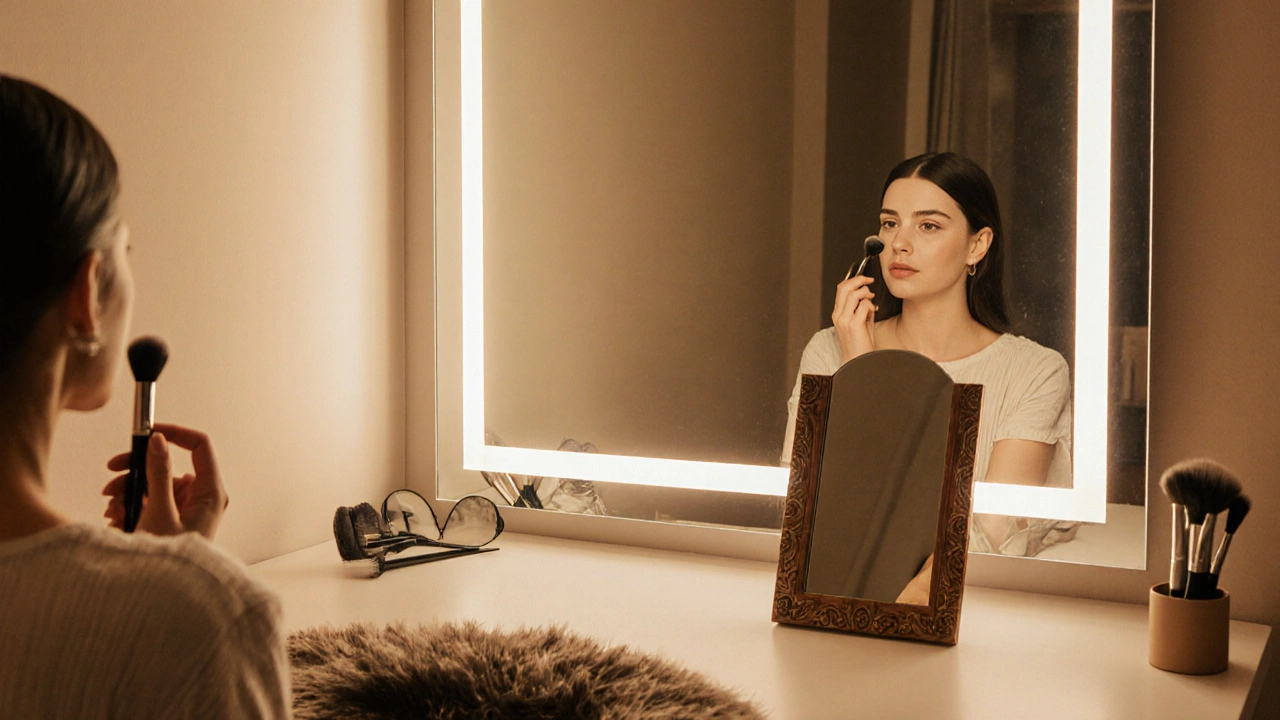 Vanity scene with a high‑quality frameless mirror reflecting clear makeup and a distorted cheap mirror nearby.