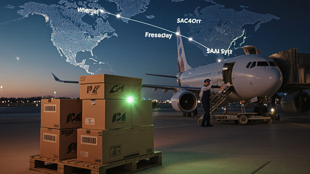 Warehouse dispatching sneaker boxes onto a cargo plane for a fast Chicago‑to‑Los Angeles shipment.