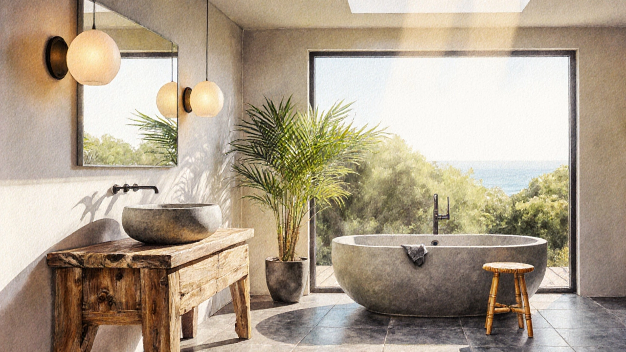 Watercolor of a seaside Zen bathroom with skylight, slate floor, wood vanity, and bamboo palm.