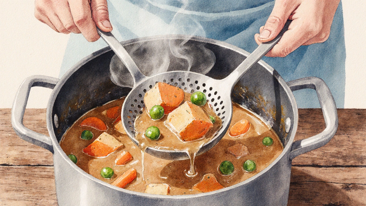 Watercolor scene of a cook scooping vegetable stew with a perforated ladle, broth dripping back into the pot.