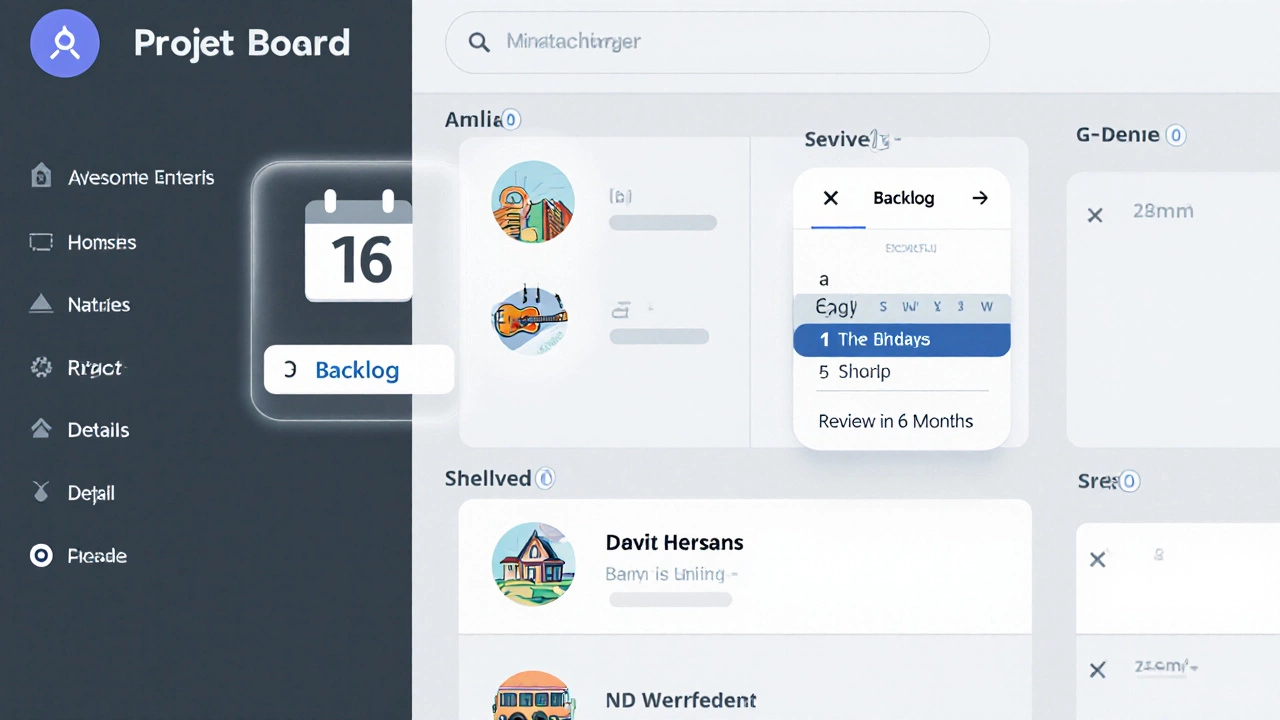 A digital project board with items labeled &#039;Shelved&#039; and a calendar icon indicating future review.