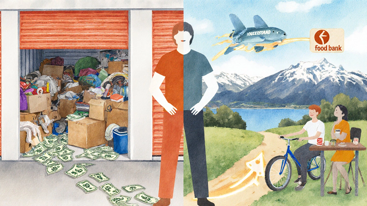 A person enjoying a trip to Queenstown while money drains from a storage unit, symbolizing better uses of money.