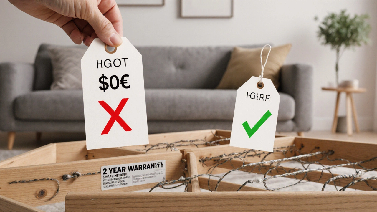 A price tag splitting into two paths, one marked with a red X and the other a green checkmark, beside a high-quality couch frame.