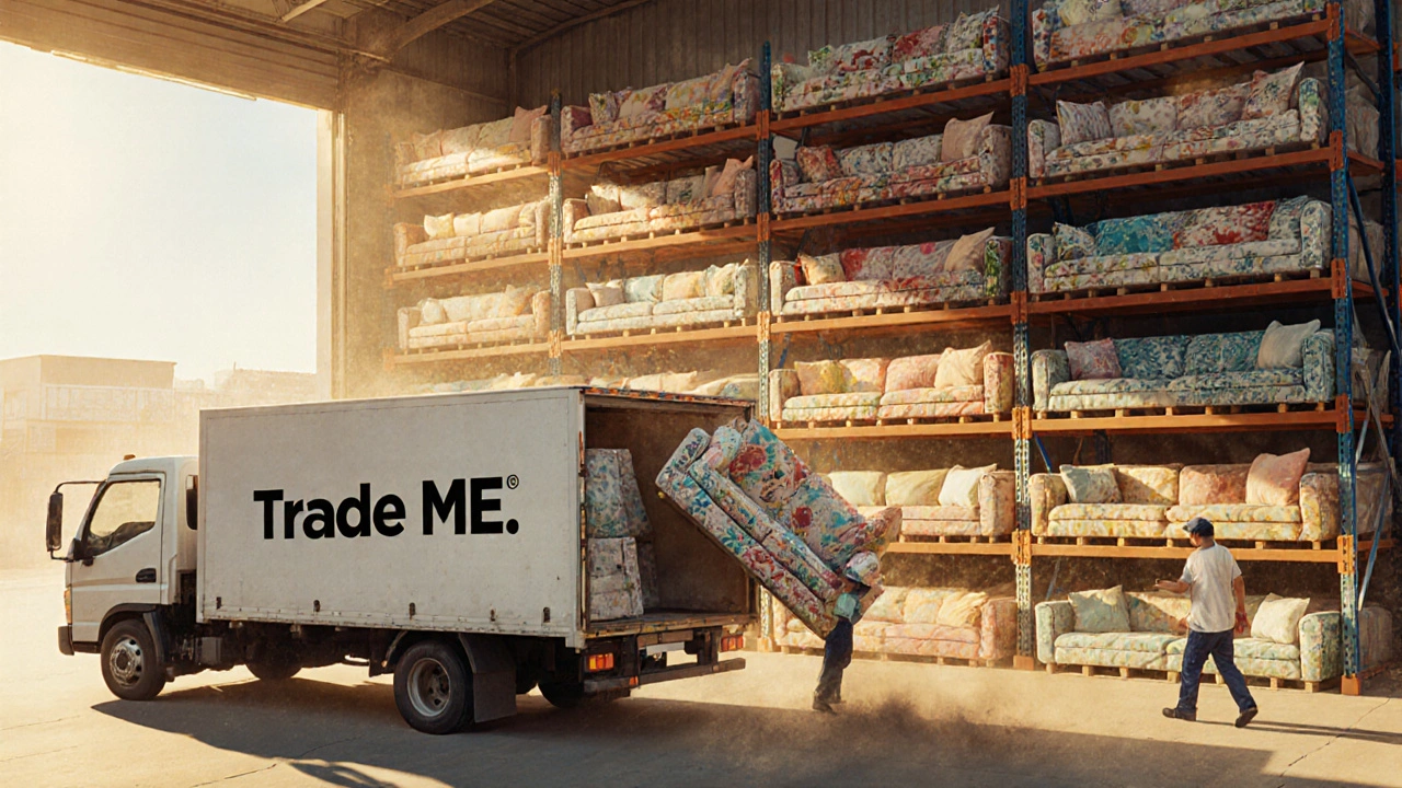 A warehouse scene in July with summer sofas being loaded onto a delivery truck for seasonal clearance.