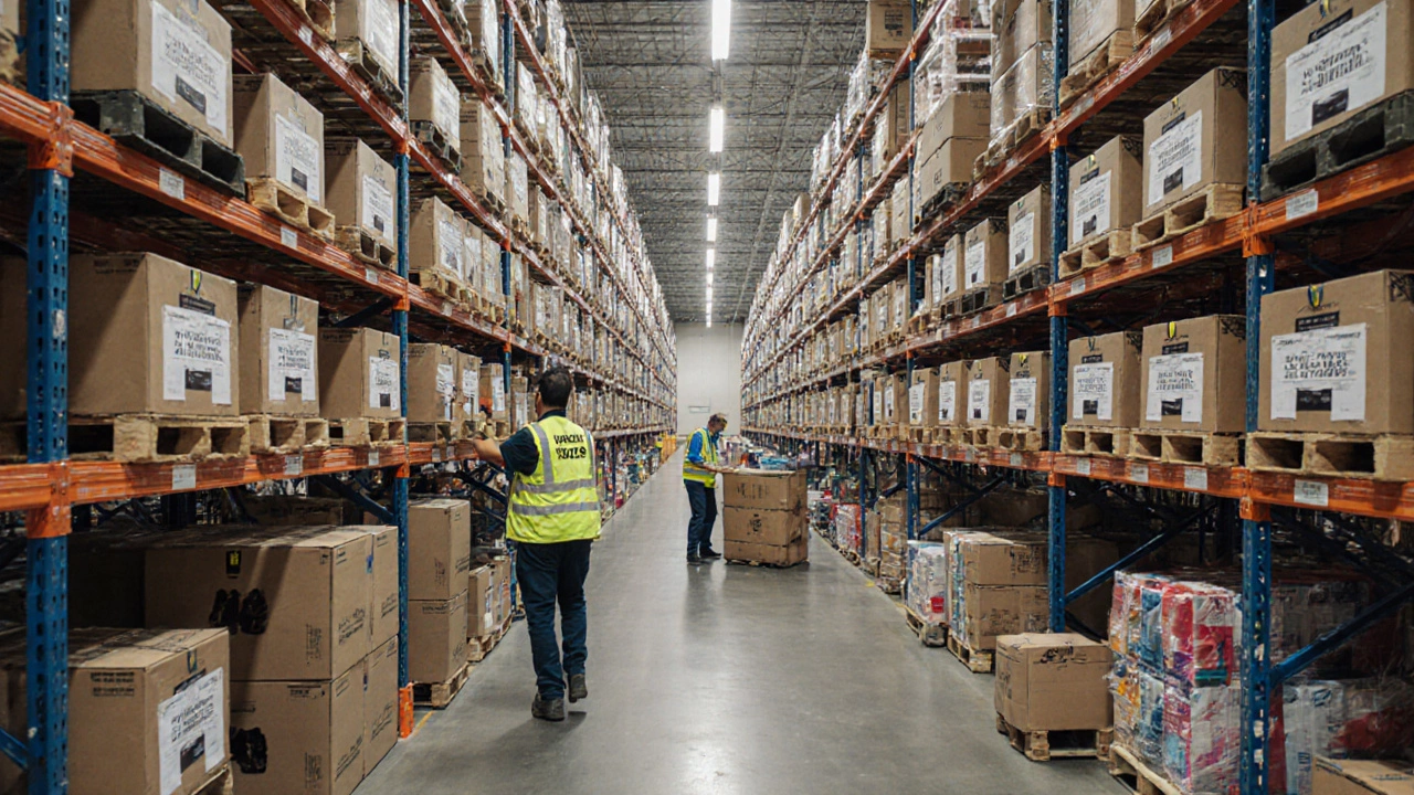 A warehouse with high shelves storing seasonal inventory boxes while workers handle fast-moving goods.