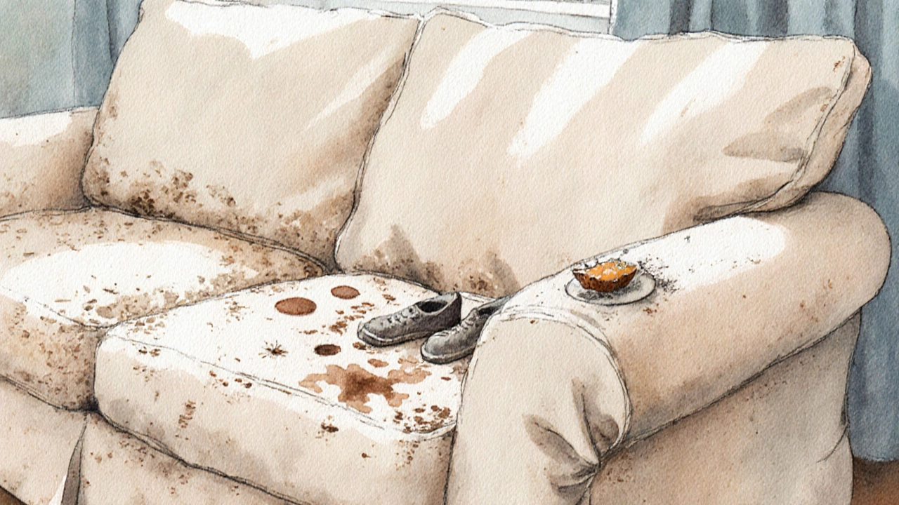 Cream linen sofa covered in dust, pet hair, and food stains.