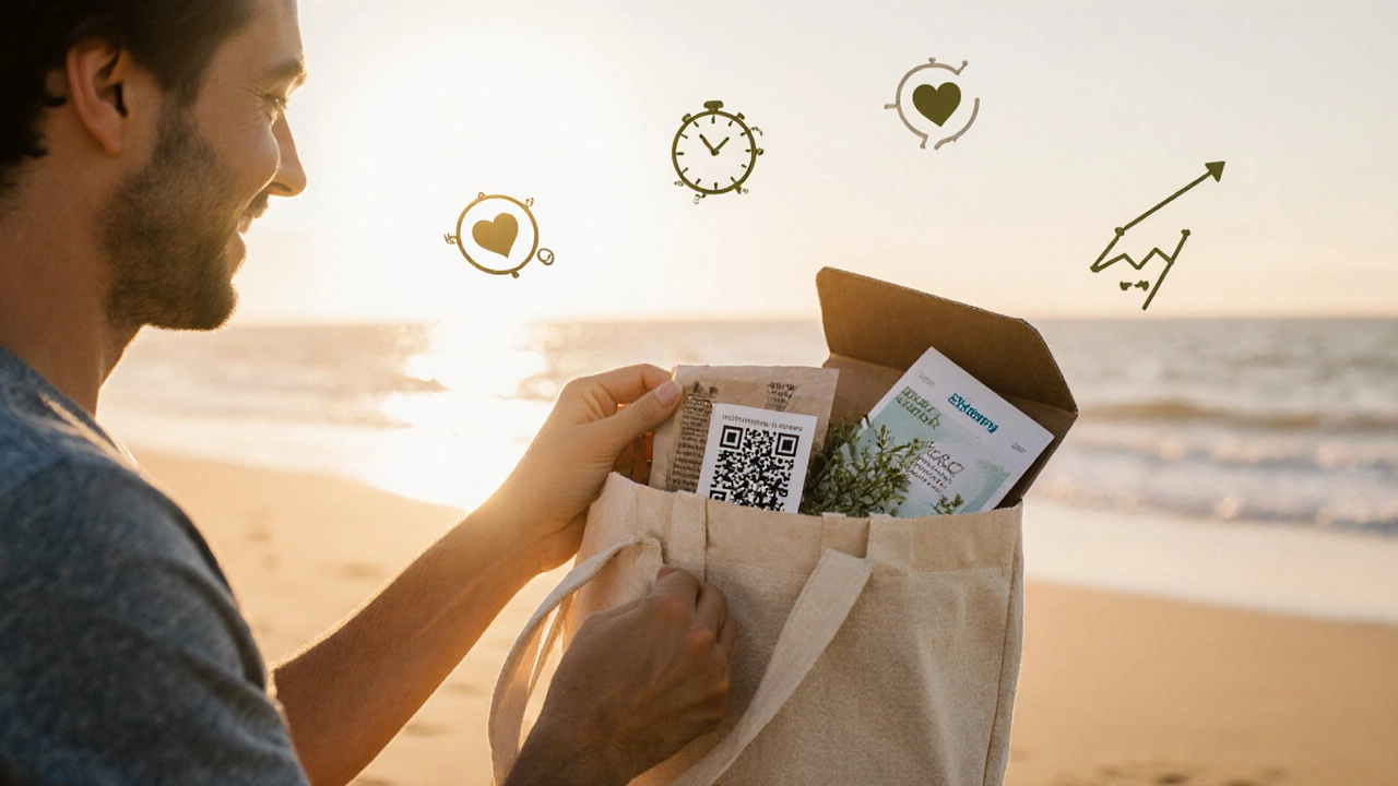 Customer unboxing sustainable beach gear with reusable tote, seed packet, and QR code card on a beach at sunset.