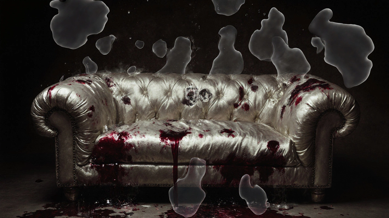 Delicate silk couch with a water droplet distorting its shimmering surface.