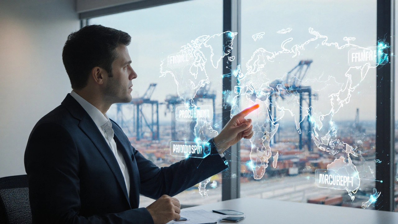 Executive viewing a holographic supply chain model with connected finance, procurement, and warehouse nodes.