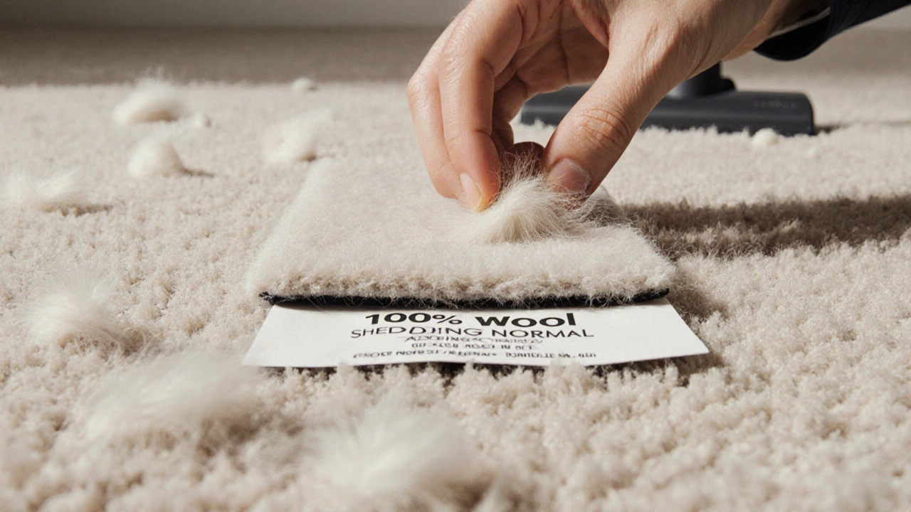 Hand pulling a loose fiber from a wool rug with a rug pad beneath.