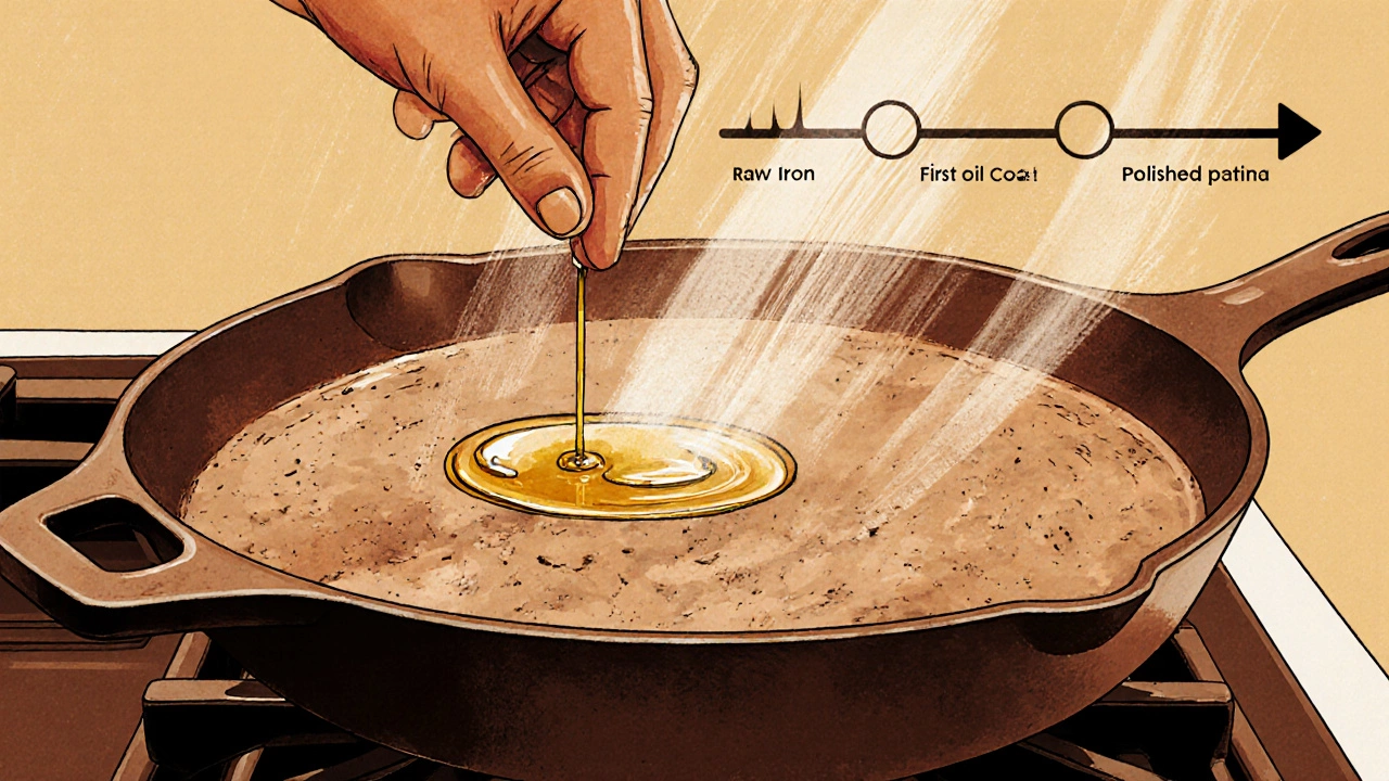 Hand seasoning a cast iron pan with oil, heat rising, showing the transformation process.