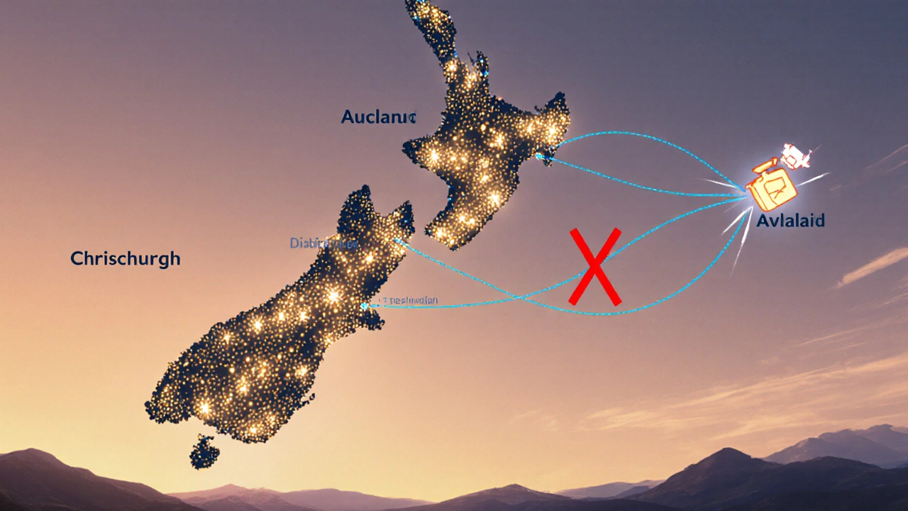 Map of New Zealand showing distributed fulfillment centers and fast delivery routes with one central warehouse crossed out.